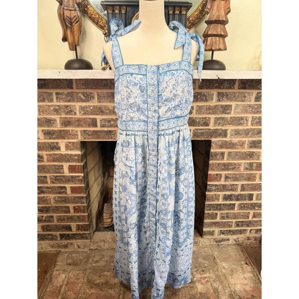 Gretchen Scott Dress Womens Size M Blue White Midi Floral Tie Shoulder - Picture 2 of 10